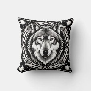 Wolf in a Geometric and Decorative Mandala Throw Pillow