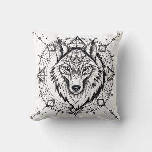 Wolf in a Geometric and Decorative Mandala Throw Pillow