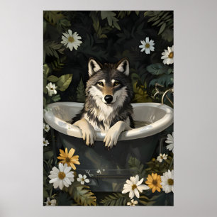 Wolf In Bathtub Poster, Funny Animal Poster, Wolf Poster