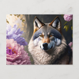 wolf in flowers postcard