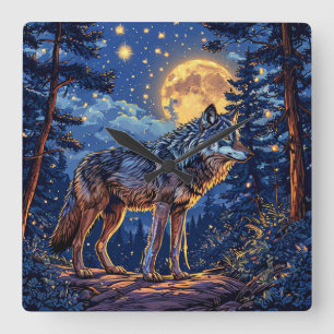 Wolf in forest square wall clock