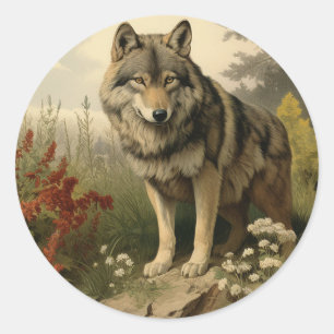 Wolf In Meadow Round Sticker