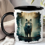 Wolf in Misty Forest  Mug<br><div class="desc">Embrace the mystique of the wilderness with the Wolf in Misty Forest Mug. This striking mug features a captivating image of a wolf standing in a misty forest, with the serene and ethereal landscape providing a perfect backdrop. Customized with your name, it adds a personal and unique touch. Perfect for...</div>