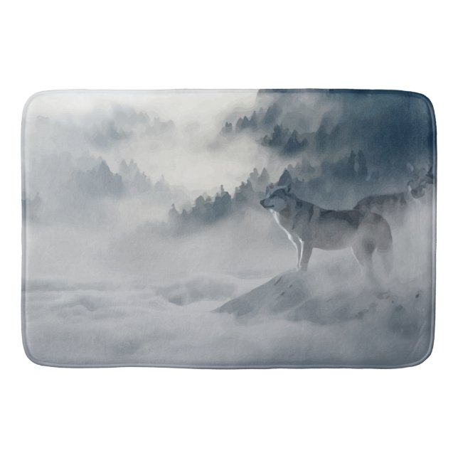 Wolf in misty Mountains in Black, Grey and white. Bath Mat (Front)