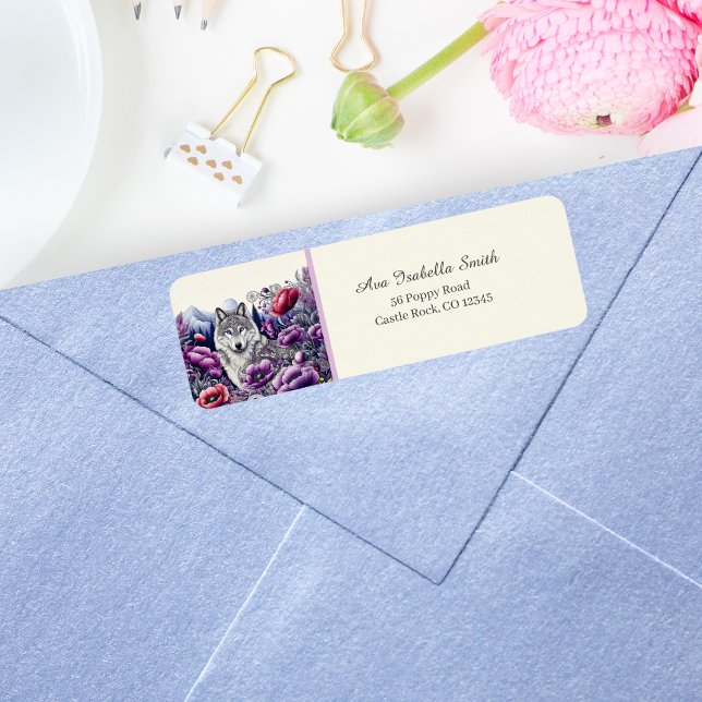 Wolf In Poppy Field Folk Art Return Address (A botanical wolf illustration for advance ai makes this a lovely return address label!)