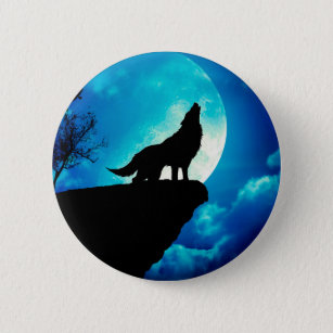 Wolf in silhouette howling to the full moon 2 inch round button