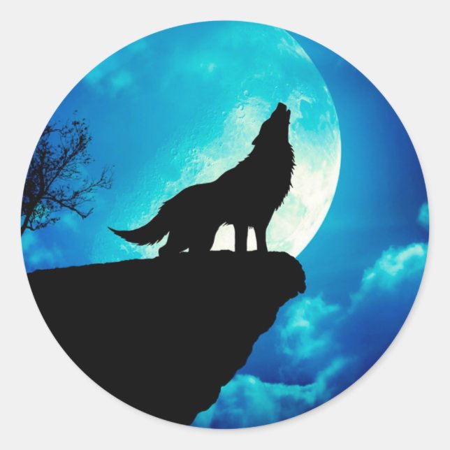 Wolf in silhouette howling to the full moon classic round sticker (Front)