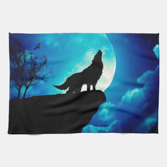 Wolf in silhouette howling to the full moon kitchen towel (Horizontal)