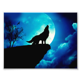 Wolf in silhouette howling to the full moon photo print