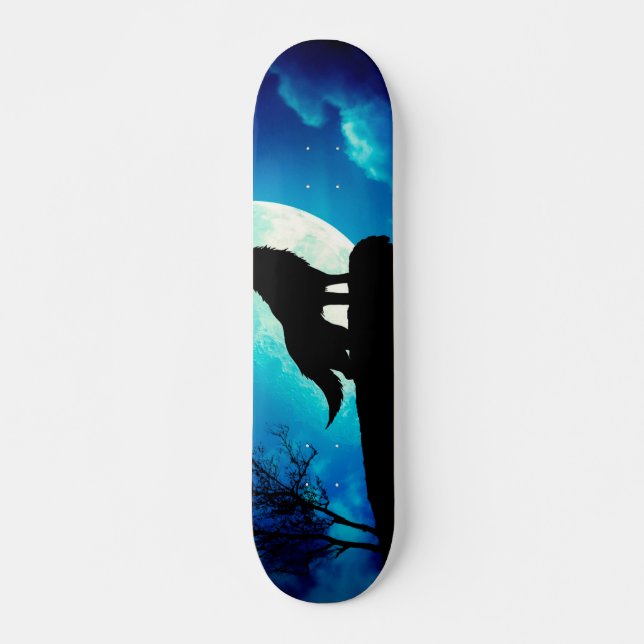 Wolf in silhouette howling to the full moon skateboard (Front)