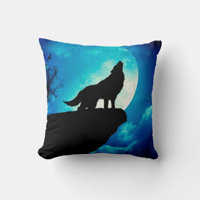 Wolf in silhouette howling to the full moon throw pillow (Front)