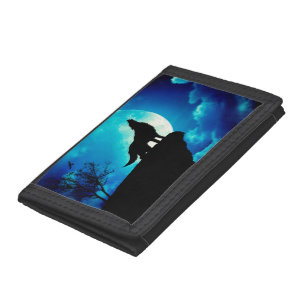 Wolf in silhouette howling to the full moon trifold wallet