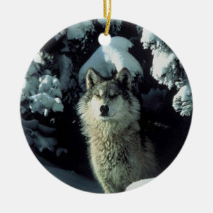 Wolf in snow ceramic ornament