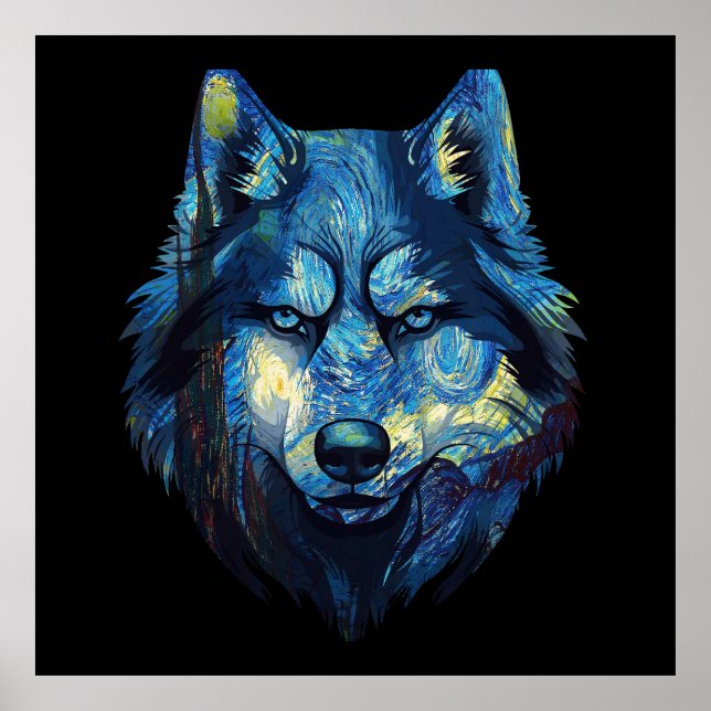 Wolf in starry night abstract wildlife poster (Front)