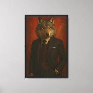 Wolf in Suit Portrait Framed Canvas Wall Art