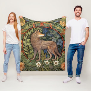 Wolf in the forest art nouveau fleece blanket