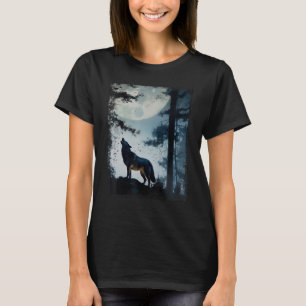 Wolf in the Forest at Night Howling at a Full Moon T-Shirt