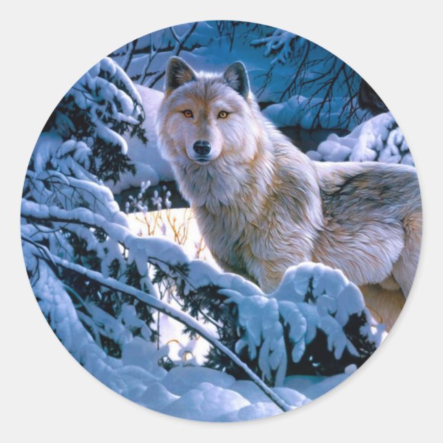 Wolf in the winter forest painting classic round sticker (Front)