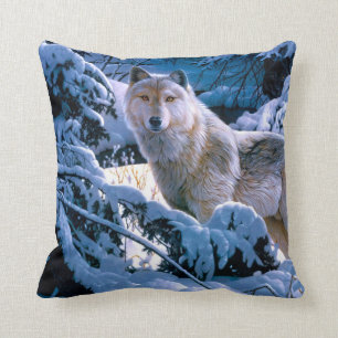 Wolf in the winter forest painting throw pillow