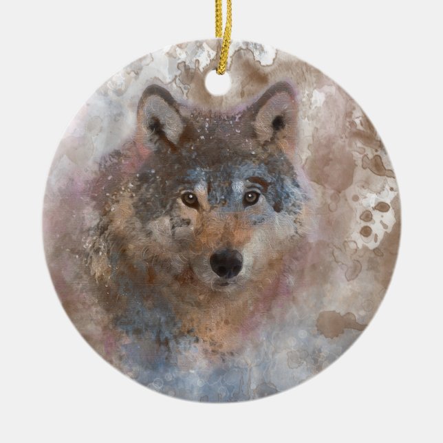 Wolf in watercolor ceramic ornament (Front)