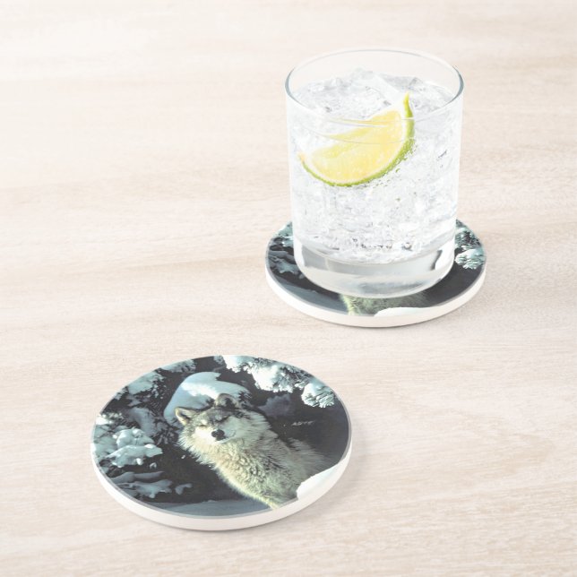 Wolf In Winter Forest Scene Coaster (Side)