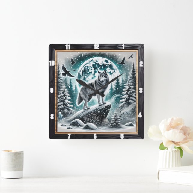 Wolf in Winter Forest Under Moonlit Sky Square Wall Clock (Home)