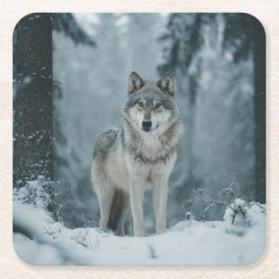Wolf in Winter Square Paper Coaster