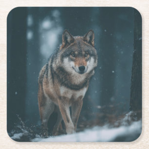 Wolf in Winter Square Paper Coaster