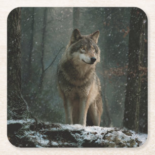 Wolf in Winter Square Paper Coaster