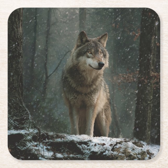 Wolf in Winter Square Paper Coaster (Front)