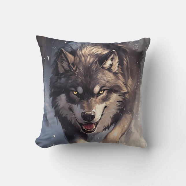 Wolf in winter throw pillow (Front)