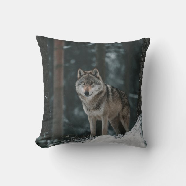 Wolf in Winter Throw Pillow (Front)