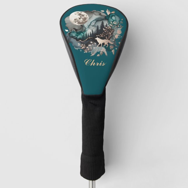 Wolf Landscape & Moon Teal Gold *Personalize* Golf Head Cover (Front)