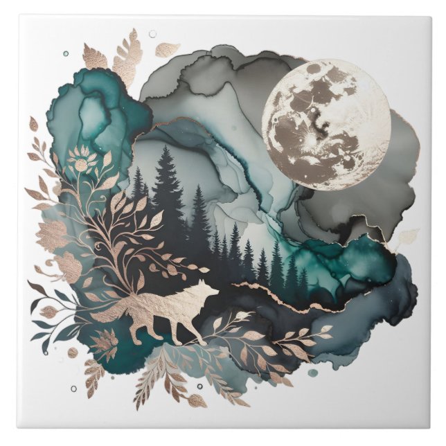 Wolf Landscape & Moon Teal Gold Tile (Front)