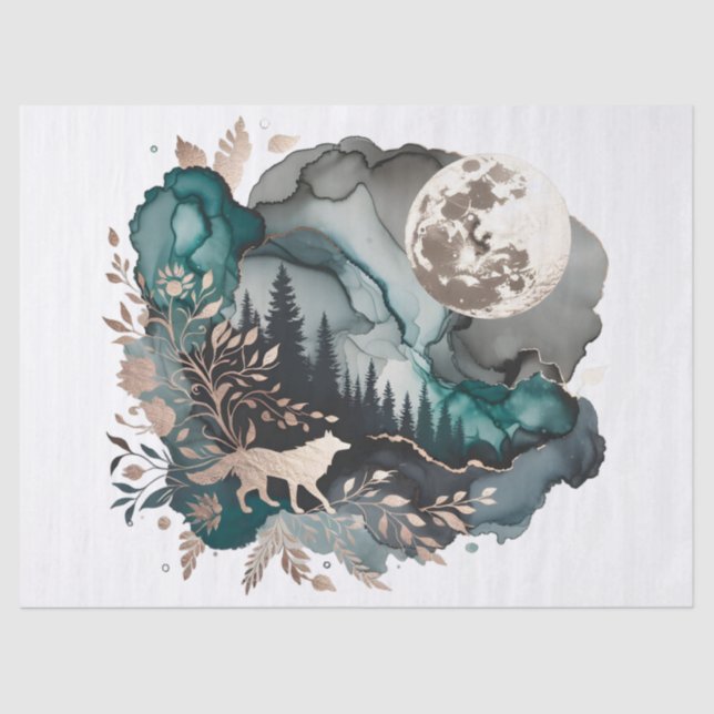 Wolf Landscape & Moon Teal Gold Tissue Paper (Front)
