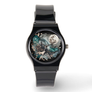 Wolf Landscape & Moon Teal Gold Watch