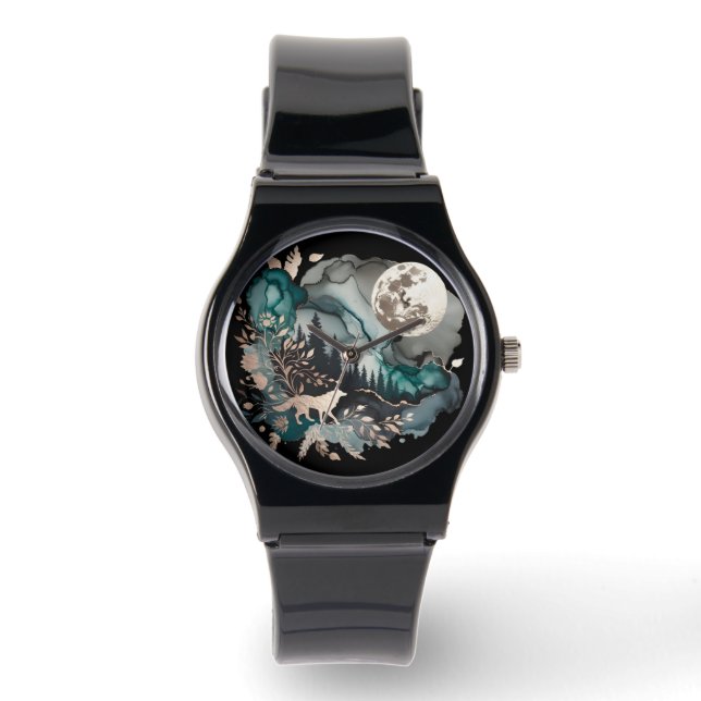 Wolf Landscape & Moon Teal Gold Watch (Front)