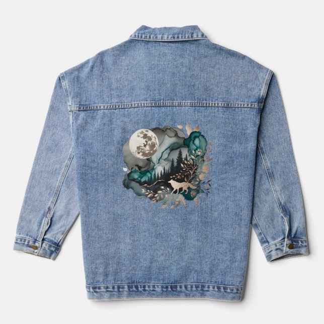 Wolf Landscape with Moon Gold N Teal Denim Jacket (Back)