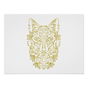 Wolf-like head art in gold poster