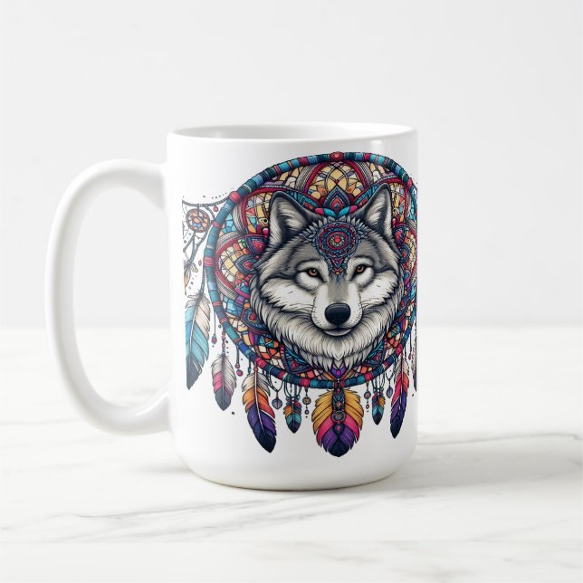 Wolf Mandala Design With Dreamcatcher and Feathers Coffee Mug (Left)