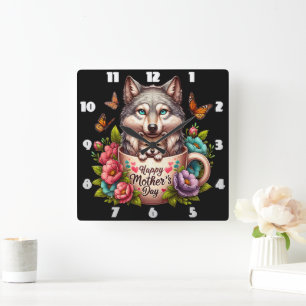 Wolf Mom: Pup, Flowers, Mother's Day Square Wall Clock
