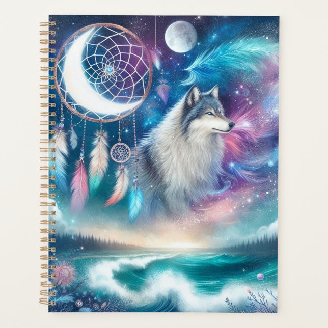 Wolf, Moon and a Dreamcatcher and Waves  Planner (Front)