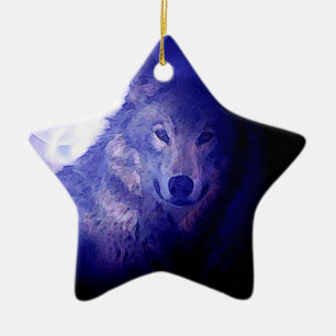 Wolf, Moon & Blue Night Ceramic Ornament