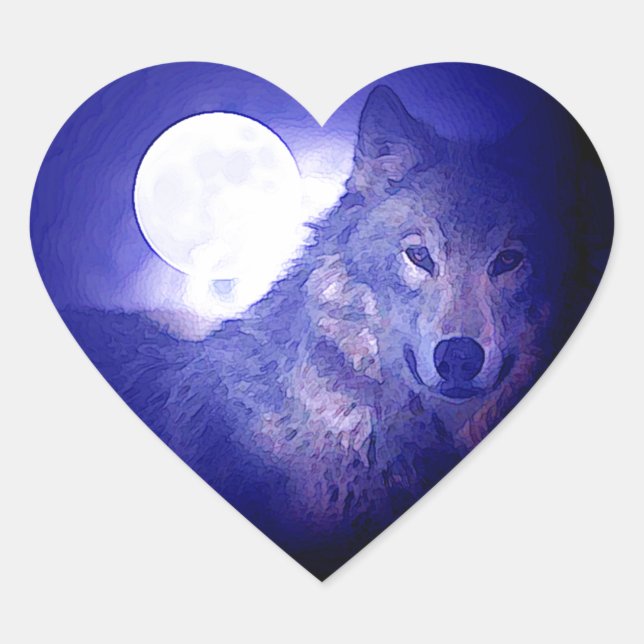 Wolf, Moon & Blue Night Heart Sticker (Front)