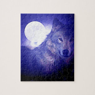 Wolf, Moon & Blue Night Jigsaw Puzzle