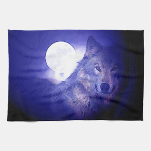 Wolf, Moon & Blue Night Kitchen Towel
