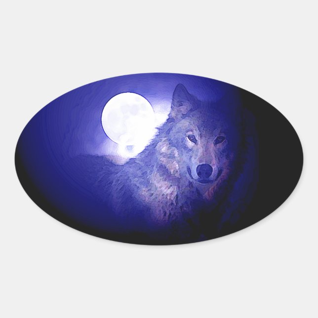 Wolf, Moon & Blue Night Oval Sticker (Front)