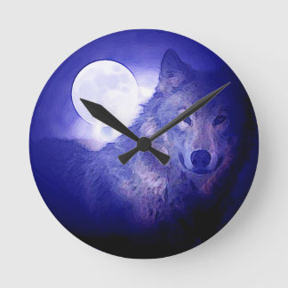 Wolf, Moon & Blue Night Round Clock