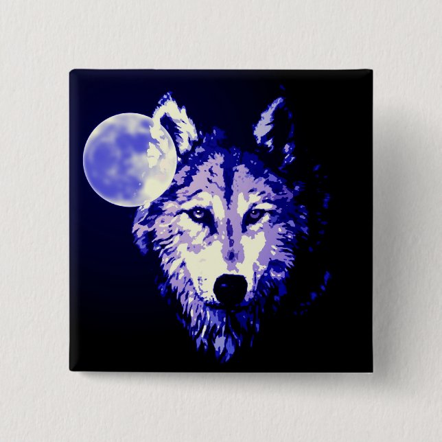 Wolf & Moon Dark Blue Night Collage 2 Inch Square Button (Front)