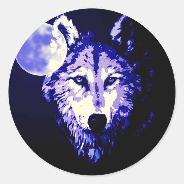 Wolf & Moon Dark Blue Night Collage Classic Round Sticker (Front)